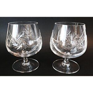 2 Cognac Brandy Snifters Pinwheel Crystal Wine Glasses Stems Goblets Vintage Bar